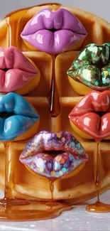 Colorful lips on a waffle with syrup drips.