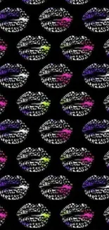 Vibrant colorful lips pattern on black background.