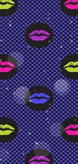 Colorful pop art lips pattern on a midnight blue dotted background.