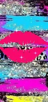 Colorful wallpaper with pink lips and abstract designs.