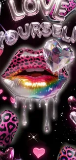 Glossy leopard lips with hearts and holographic flair.