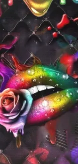 Colorful lips and rose mobile wallpaper with artistic design.