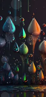 Colorful abstract liquid art wallpaper with gradient droplets dripping.