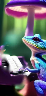 A colorful lizard plays the piano under a glowing mushroom in a fantasy scene.