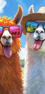 Two colorful llamas wearing sunglasses in a playful illustration.