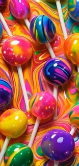Colorful lollipops on vibrant swirling background.