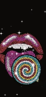 Sequined lips with a colorful lollipop on a black background.