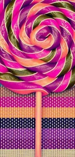 Vibrant lollipop against geometric background wallpaper.