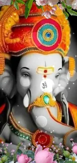 Colorful Lord Ganesha with floral accents wallpaper.