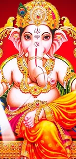 Vibrant Lord Ganesha illustration with colorful background and ornate details.