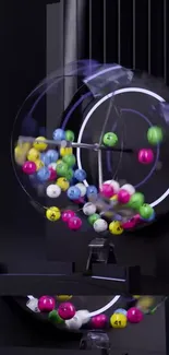 Lottery balls spinning in a clear cage.