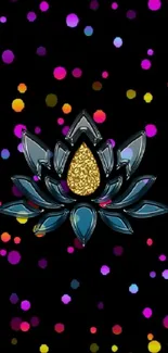 Abstract lotus design with colorful dots on a dark background.