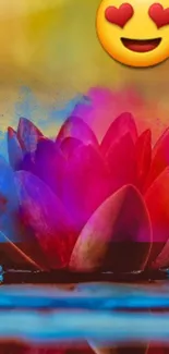 Colorful lotus flower with vibrant hues and heart-eyed emoji.