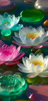 Vibrant wallpaper of colorful lotus flowers on water.