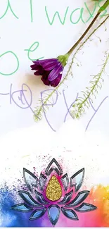 Vibrant lotus wallpaper with 'always be happy' message and flowers.