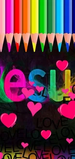 Colorful wallpaper with Jesus and hearts.