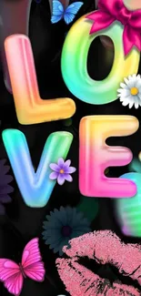 Vibrant colorful love wallpaper with flowers and butterflies.