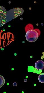 Colorful love bubbles and hearts on a black wallpaper background.