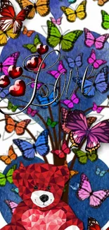 Colorful mobile wallpaper with love, butterflies, and a teddy bear.