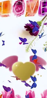 Colorful wallpaper with butterflies, flowers, and love motif.