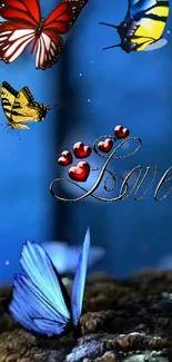 Colorful butterflies and 'Love' text on blue background wallpaper.