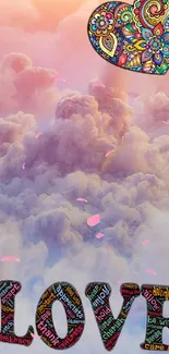 Colorful love heart and clouds wallpaper with inspiring text.