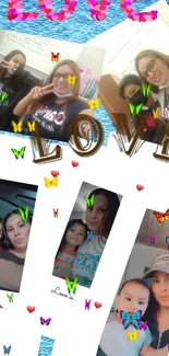 Colorful love collage wallpaper with photos and butterflies.