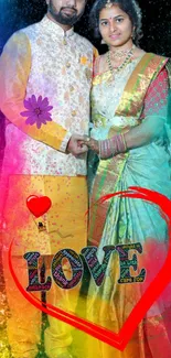 Colorful love couple wallpaper with heart design and 'LOVE' text effect.