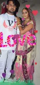 Colorful couple in traditional attire with love theme.