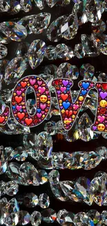 Colorful 'Love' with crystal background and heart emojis on wallpaper.