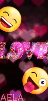 Mobile wallpaper with colorful love text and emojis on a black background.