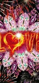 Colorful love-themed wallpaper with fireworks.