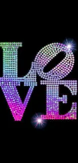 Colorful glittery 'LOVE' design on black background.