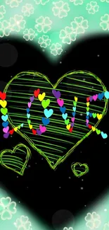 Colorful love heart wallpaper with neon and clover accents.