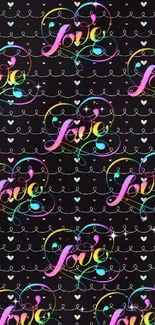 Colorful love hearts wallpaper with elegant script on black background.