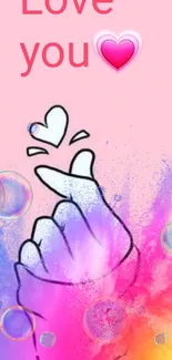 Colorful love hand gesture wallpaper with pink background.