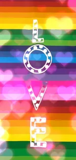 Vibrant rainbow love wallpaper with hearts.