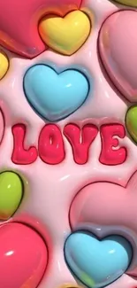 Colorful hearts with the word LOVE in pink letters on wallpaper.