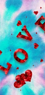 Colorful wallpaper with red 'LOVE' text and hearts.