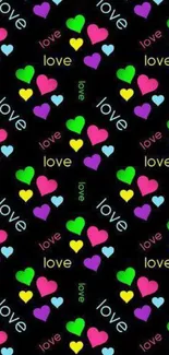 Colorful hearts and love text on black wallpaper.