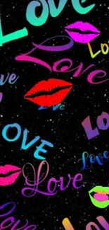 Colorful love text and kiss prints on black wallpaper.