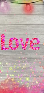 Love wallpaper with colorful hearts on wooden texture.