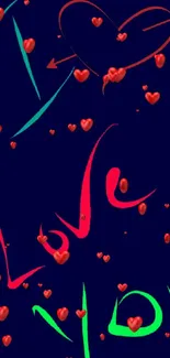 Colorful 'Love You' wallpaper with heart and arrow on dark background.