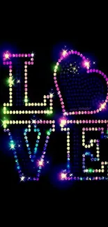 Colorful neon love design on a black background featuring heart and letters.