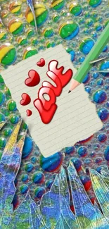 Colorful wallpaper with love note and heart designs.