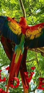 Vibrant parrots with 'LOVE' text in green forest background.