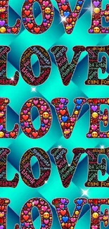 Colorful 'LOVE' text with heart pattern in vibrant mobile wallpaper.