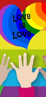 Colorful rainbow pride wallpaper with diverse hands and heart.