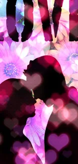 Colorful floral wallpaper with couple silhouette and love text.