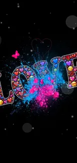 Colorful 'LOVE' text with vibrant splash against black background.